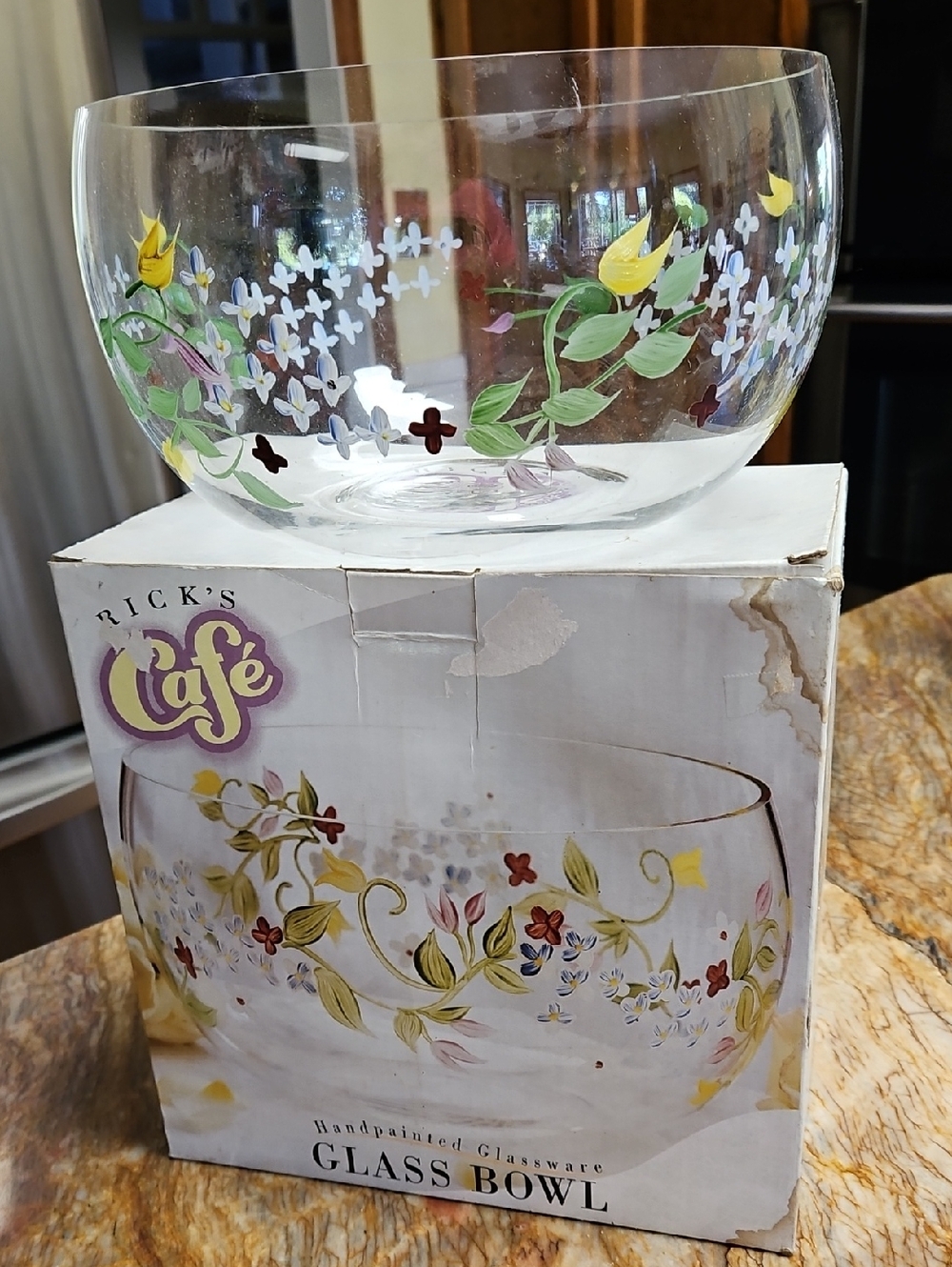 Rick's Café Handpainted Glass Bowl - Floral Design